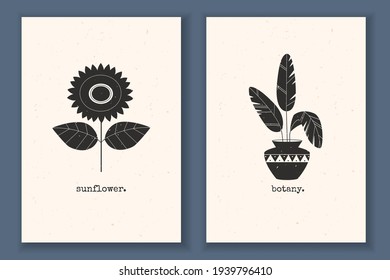 Set of minimal posters with plants, sunflower,  leaves, and textured background. Monochrome vector illustration with abstract nature elements. Great design for social media, your logo, postcards, and 