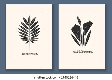 Set of minimal posters with plants, wildflowers, leaves, and textured background. Monochrome vector illustration with abstract nature elements. Great design for your logo, postcards, and print.