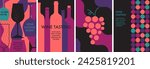A set of minimal posters with wine bottles, glasses of wine, grapes. Wine tasting concept. Abstract flat vector illustration. Perfect for menu, cover design, promotion. Festive drink, wine party.