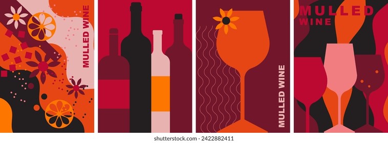 Un juego de carteles mínimos con botellas de vino, vasos de vino y especias. Concepto de degustación de vinos. Resumen de ilustración vectorial plana. Perfecto para menú, diseño de portada, promoción. Bebida festiva, fiesta de vinos.