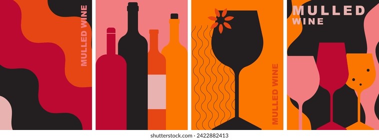 Un juego de carteles mínimos con botellas de vino, vasos de vino. Concepto de degustación de vinos. Resumen de ilustración vectorial plana. Fondo perfecto para el menú, diseño de portada, promoción. Bebida festiva, fiesta de vinos.