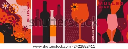 A set of minimal posters with wine bottles, glasses of wine, spices. Wine tasting concept. Abstract flat vector illustration. Perfect for menu, cover design, promotion. Festive drink, wine party.