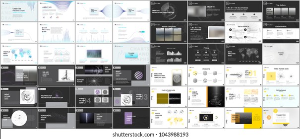 Set of minimal presentations, portfolio templates. Simple elements on white and black background. Brochure cover vector design. Presentation slides for flyer, leaflet, brochure, report, advertising