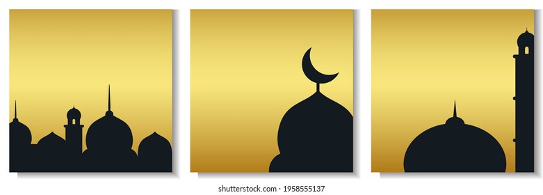 set of minimal ramadan background in gold color with mosque.