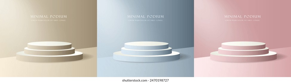 Conjunto de fondo de podio de producto 3D realista mínimo en oro crema, plata, oro rosa. Presentación de maqueta de lujo. Escena de pared mínima. Escaparate de 3 etapas. Plataformas Vector diseños geométricos.