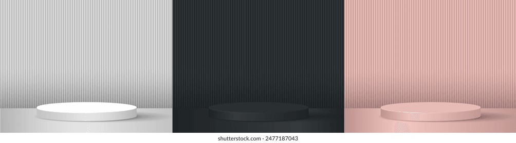 Set of minimal realistic white, black, pink minimal podium designs with vertical wave pattern background. Abstract composition in minimal design. Stage showcase.