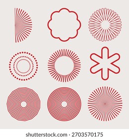 Satz minimaler roter radialer geometrischer Elemente. Abstrakter Sonnenaufgang, Sternzeichen, Ring, Punkt und kreisförmige Muster für Dekoration, Logo oder Hintergrund.