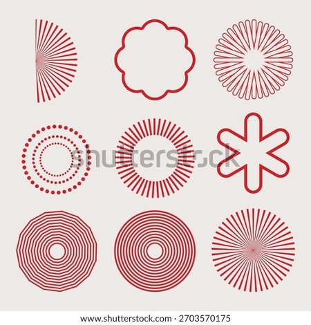 Set of minimal red radial geometric elements. Abstract sunburst, starburst, ring, dot and circular patterns for decoration, logo, or background.