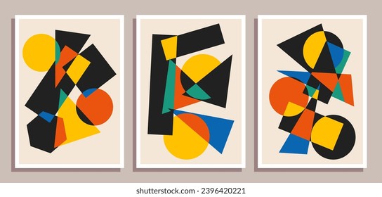 Set of minimal retro geometric design posters. Set of contemporary art wall decoration. Geometric shapes poster cover background.