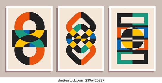 Set von minimalen geometrischen Design-Plakaten. Set von zeitgenössischer Kunstmauerdekoration. Geometrische Formen Poster bedecken Hintergrund.