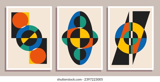 Set of minimal retro geometric design posters. Set of contemporary art wall decoration. Geometric shapes poster cover background.