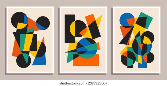 Conjunto de afiches de diseño retro mínimo. Decoración de arte contemporáneo en las paredes. Fondo de portada de afiches de formas geométricas.