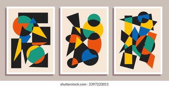 Set of minimal retro geometric design posters. Set of contemporary art wall decoration. Geometric shapes poster cover background.