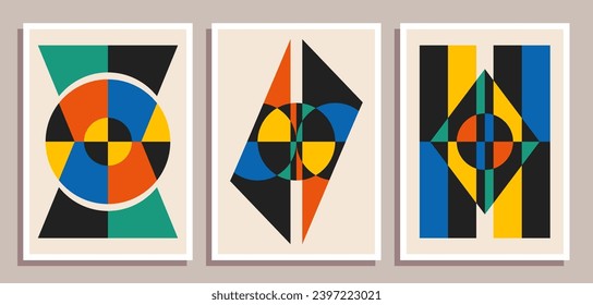 Set von minimalen geometrischen Design-Plakaten. Set von zeitgenössischer Kunstmauerdekoration. Geometrische Formen Poster bedecken Hintergrund.