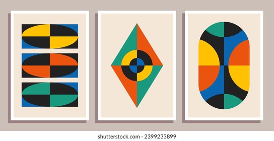 Conjunto de afiches de diseño retro mínimo. Decoración de arte contemporáneo en las paredes. Fondo de portada de afiches de formas geométricas.