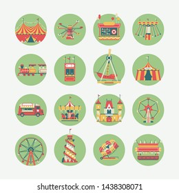 Set of minimal round shaped icons or labels on amusement park and attractions. Carnival, circus or fair stickers