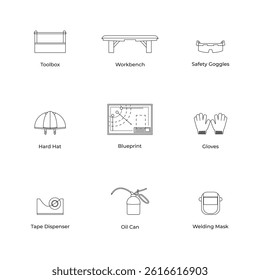 Set of minimal safety and workshop equipment icons for repairing including toolbox, blueprint, gloves, and welding mask. Perfect for engineering, construction, and maker space visuals.