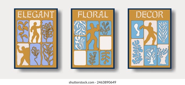 Set of minimal scandinavian posters with simple stylized illustrations of people and botanical motifs. 