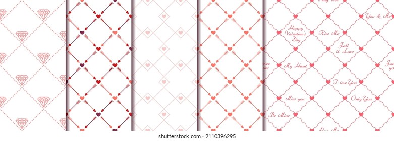Set of minimal seamless patterns with diagonal grid, thin lines, small hearts, cupid love arrow, short love phrases. Vector patterns for decoration of wedding, engagement event, Valentines day