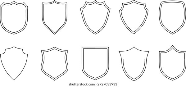 conjunto de ícones mínimos de linha de escudo, traço fino contornos de crista heráldica, quadros de escudo vetorial simples para design de logotipo, emblemas de segurança e proteção