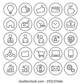 Set of Minimal Simple Business Thin Line Icons on Minimal Circular Buttons.