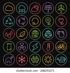 Set of Minimal Simple Ecology Neon Thin Line Icons on Minimal Circular Buttons on Black Background.