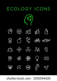 Set of Minimal Simple Ecology Thin Line Icons on Black Background