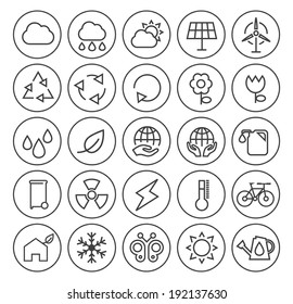 Set of Minimal Simple Ecology Thin Line Icons on Minimal Circular Buttons.