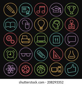 Set of Minimal Simple Education Thin Neon Line Icons on Minimal Circular Buttons on Black Background.