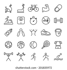 Set of Minimal Simple Elegant Black Fitness Thin Line Icons on White Background.