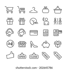 Set of Minimal Simple Elegant Black Thin Line Shopping Icons on White Background.