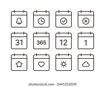 A set of minimal and simple line icons such as calendar, schedule, planner, diary, timetable, note, memo. date, reminder, time, check, Star, heart, sun, cloud, weather, yearly, day, weekly, monthly.