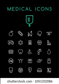 Set of Minimal Simple Medical Thin Line Icons on Black Background