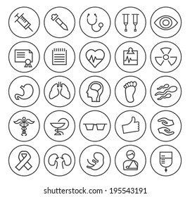 Set of Minimal Simple Medical Thin White Line Icons on Minimal Circular Buttons.