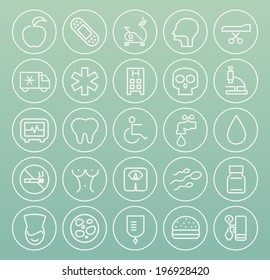Set of Minimal Simple Medical Thin White Line Icons on Minimal Circular Buttons.