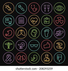 Set of Minimal Simple Medical Thin Neon Line Icons on Minimal Circular Buttons on Black Background.