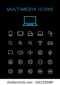 Set of Minimal Simple Multimedia and Interface Thin Line Icons on Black Background