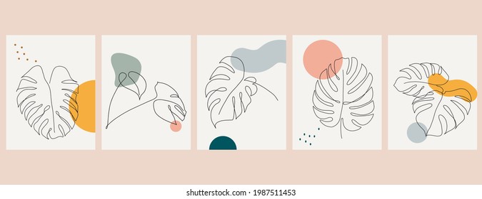 set of minimal single line art monstera leaf. vector art. sketch line tropical plant
