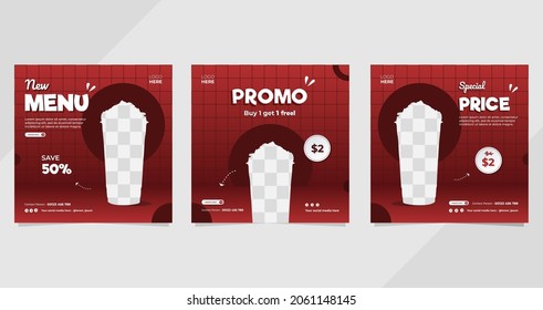 Set of Minimal social media template with red background and square grid, suitable for milkshae, drink menu, beverage