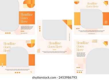 A set of minimal square banner templates for advertisements, featuring an orange and white background with various shapes