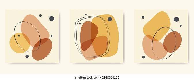 Set of minimal square posters with geometric shapes. Composition in earth tone style