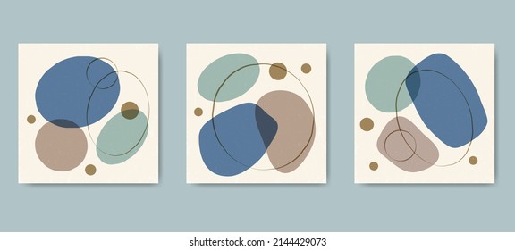 Set of minimal square posters with geometric shapes. Aesthetic composition in light colors