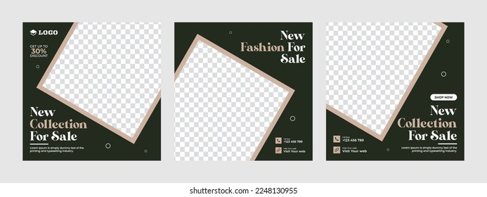 Set of minimal square social media banner template with black color background. Social media and Instagram sale posts. Flat and minimalist Suitable for fashion social media posts and web internet ads.