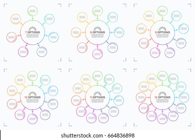 Set of minimal style circle infographic templates 7-12 options. Vector illustration.