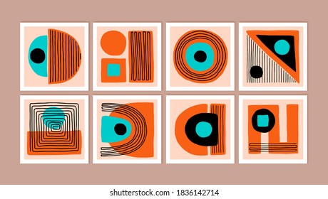 Set of minimal style geometric design posters, wall art compositions, covers. Modern background, colorful vector template.