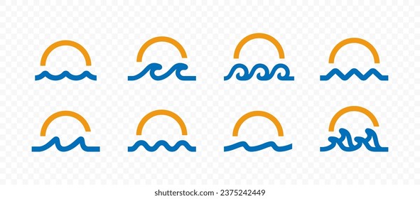 Set of minimal sunset or sunrise over the waves of the blue ocean or sea, ornament icon. Line art waves with sun vector pack