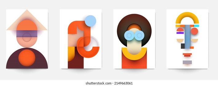 Conjunto de plantilla mínima en diseño de estilo retro de bauhaus geométrico para la marca con elemento de formas simples abstractas. Fondo moderno para portada, pancarta. Silueta de retrato. Ilustración vectorial de moda.