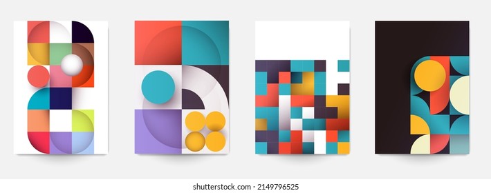 Conjunto de plantilla mínima en diseño de estilo retro de bauhaus geométrico para la marca con elemento de formas simples abstractas. Fondo moderno para portada, afiche, pancarta, volante. Ilustración vectorial de moda.