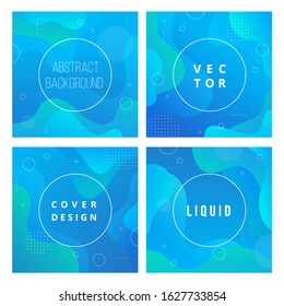 Set of minimal template in modern style with fluid wavy shape. Abstract square background for branding. Minimal dynamic cover design with geometric element in blue color. Vector illustration