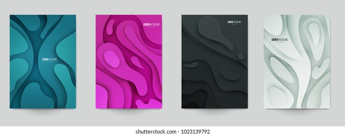 Set of minimal template in paper cut style design for branding, advertising with abstract shapes. Modern background for covers, invitations, posters, banners, flyers, placards. Vector illustration.